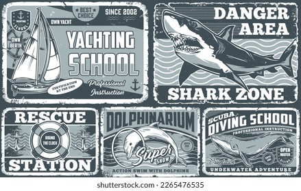 Nautical adventure monochrome set vintage flyers with warning about shark attack or advertisement for yachting school and delphinium vector illustration