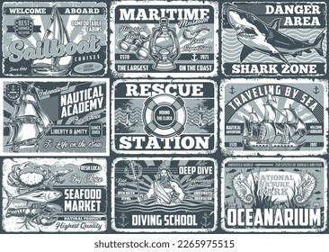 Nautical adventure monochrome set vintage flyers for shark warnings or schools for sailors and divers wishing travel ocean vector illustration