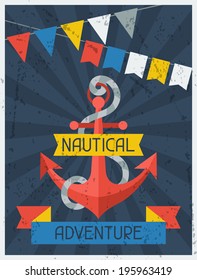 Nautical Adventure. Retro poster in flat design style.