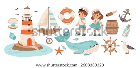 Nautical adventure set with cute lighthouse, sailing ship, and ocean elements. Marine icons, anchor, compass, whale, and shel. Maritime. Flat vector sea kids illustrations.