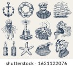 Nautical adventure set. Sea lighthouse, mermaid and marine captain, octopus and shipping sail, old sailor, ocean waves, seaman and lifebuoy. Hand drawn engraved old sketch.
