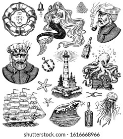 Nautical adventure set. Sea lighthouse, mermaid and marine captain, octopus and shipping sail, old sailor, ocean waves, seaman and lifebuoy. Hand drawn engraved old sketch.