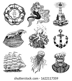 Nautical adventure set. Sea lighthouse, mermaid and marine captain, octopus and shipping sail, old sailor, ocean waves, seaman and lifebuoy. Hand drawn engraved old sketch.