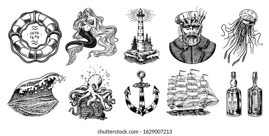 Nautical adventure set. Sea lighthouse, mermaid and marine captain, octopus and shipping sail, old sailor, ocean waves, seaman and lifebuoy. Hand drawn engraved old sketch.