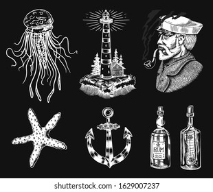 Nautical adventure set. Sea lighthouse and marine captain and old sailor, ocean waves, seaman and lifebuoy. Hand drawn engraved old sketch.