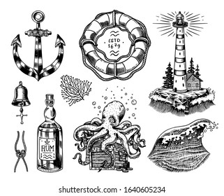 Nautical adventure set. Sea lighthouse, jellyfish and marine octopus and shipping sail, old sailor, ocean waves and lifebuoy. Hand drawn engraved old sketch.