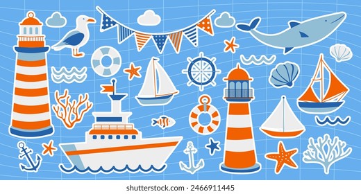 Nautical Adventure Stickers Set, vector illustration