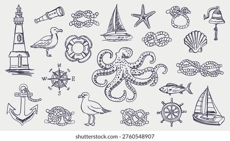 Nautical aesthetic hand drawn elements collection