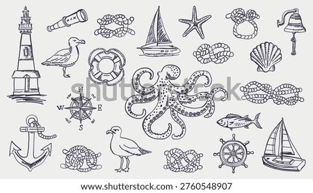 Nautical aesthetic hand drawn elements collection