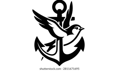 Nautical anchor with a bird in flight, symbol of hope freedom adventure, maritime theme, graphic art.