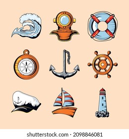 nautical anchor, boat and lifebuoy