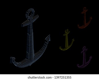 Nautical anchor carcass. Vector outline illustration. Isometric projection.