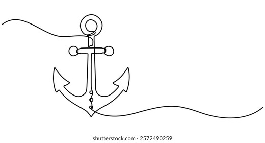 Nautical Anchor Continuous Line Drawing with Editable Stroke, Continuous line drawing of sea anchor, Large sea anchor of the ship. Set of sea ocean elements. Continuous one line drawing of anchor. 