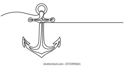 Nautical Anchor Continuous Line Drawing with Editable Stroke, Continuous line drawing of sea anchor, Large sea anchor of the ship. Set of sea ocean elements. Continuous one line drawing of anchor. 