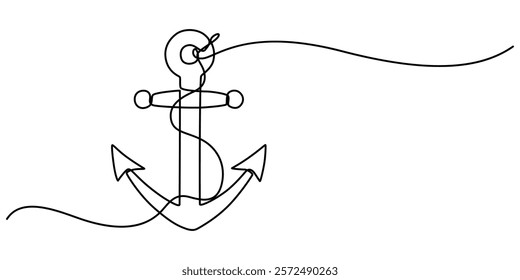 Nautical Anchor Continuous Line Drawing with Editable Stroke, Continuous line drawing of sea anchor, Large sea anchor of the ship. Set of sea ocean elements. Continuous one line drawing of anchor. 