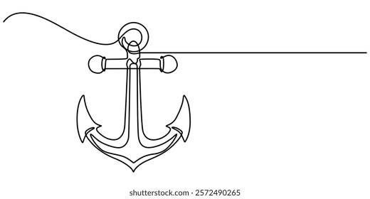 Nautical Anchor Continuous Line Drawing with Editable Stroke, Continuous line drawing of sea anchor, Large sea anchor of the ship. Set of sea ocean elements. Continuous one line drawing of anchor. 