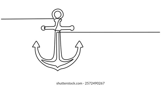 Nautical Anchor Continuous Line Drawing with Editable Stroke, Continuous line drawing of sea anchor, Large sea anchor of the ship. Set of sea ocean elements. Continuous one line drawing of anchor. 