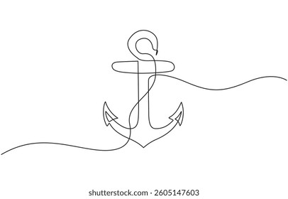 Nautical Anchor Continuous Line Drawing with Editable Stroke, Continuous one line drawing anchor on a white background. vector illustration.