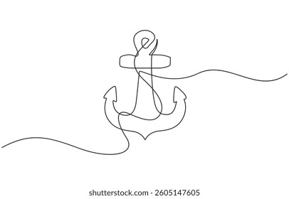 Nautical Anchor Continuous Line Drawing with Editable Stroke, Continuous one line drawing anchor on a white background. vector illustration.