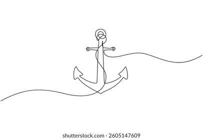 Nautical Anchor Continuous Line Drawing with Editable Stroke, Continuous one line drawing anchor on a white background. vector illustration.