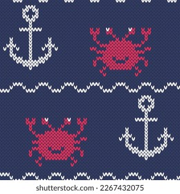 Nautical anchor and crab knitted seamless pattern for knit wear. Navy blue background. Vector illustration.