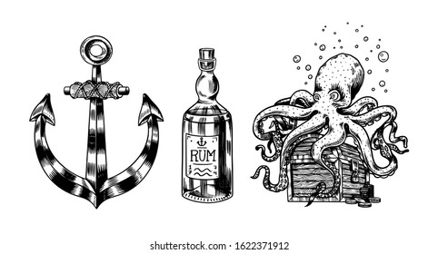 Nautical Anchor and glass bottle, Sea octopus and marine devilfish, ocean waves. Hand drawn monochrome retro engraved old sketch. Vector illustration for tattoo or emblems.