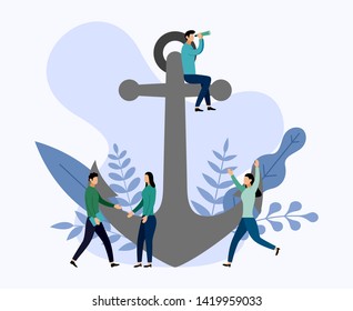Nautical anchor with human concepts, travel vector illustration