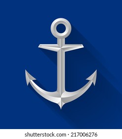 Nautical anchor icon with long shadow on blue background