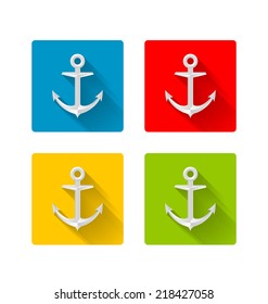 Nautical anchor icons with long shadow on white background