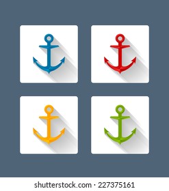 Nautical anchor icons with long shadow on grey background