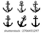 Nautical Anchor Icons Vector Set with Rope – Black Silhouettes