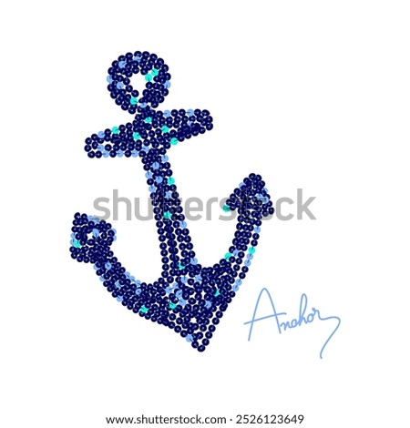 Nautical anchor illustration made of navy and blue sequins with handwritten "Anchor" text. Decorative design for marine and fashion themes on a white background.