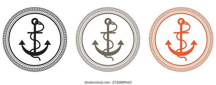 Nautical anchor logos in black, gray, and orange circular designs