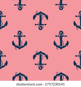 Nautical anchor pattern, rope detail, pink background, seamless textile design
