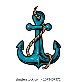 Nautical anchor with rope. Cartoon vector illustration