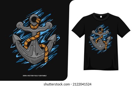 Nautical anchor with rope. Cartoon vector illustration. Tshirt mockup template
