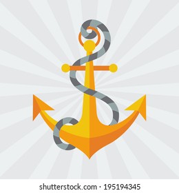 Nautical anchor with rope in flat design style.