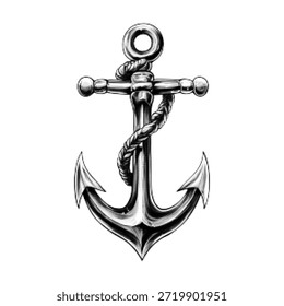 Nautischer Anker mit Seil im Halbtonstil. Schwarz-weiß Retro maritimen Illustration symbolisieren Stabilität, Reise und Meer Abenteuer. Vintage-Marine-Emblem einzeln auf weißem Hintergrund.