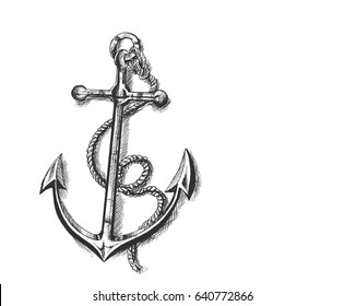 Nautical Anchor with rope, Hand Drawn Sketch Vector illustration.