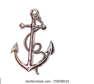 Nautical Anchor with rope, Hand Drawn Sketch Vector illustration.