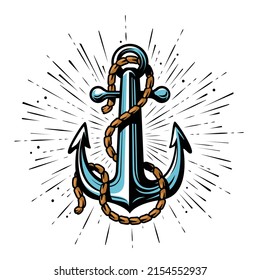 Nautical anchor with rope. Marine theme, seafaring symbol. Vector illustration