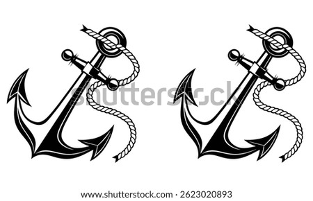 Nautical anchor with rope, a marine vector illustration, is a classic ship symbol and design element