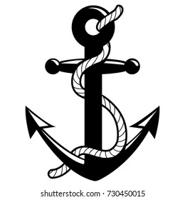 Nautical anchor with rope. Vector black and white illustration.
