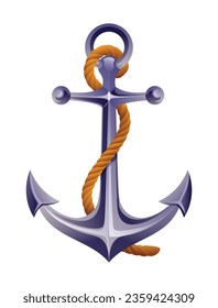 Nautical anchor with rope vector cartoon illustration. Vintage ship anchor isolated on white