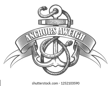 Nautical anchor in ropes and ribbon with wording Anchors Aweigh drawn in tattoo style.  Vector illustration.