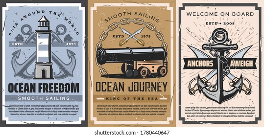 Nautical anchor and sailboat retro posters of vector sailing sport, marine travel and journey. Sea and ocean sail ships, anchors and chains, vintage lighthouse, swords, cannon and cannonballs