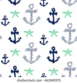 Nautical anchor seamless vector pattern on white. Scribble navy blue anchors with mint sea stars background for textile fabric.