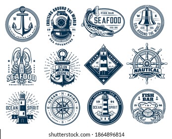 Nautical anchor, ship helm, lighthouse and fish, vector marine wave icons or t-shirt prints. Ocean sailing navigation compass, seafood bar lobster crab and retro aqualung sign for sea diving club