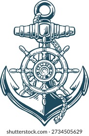 Nautische Anker Schiff Rad Linie Kunst, Vintage Marine Vektorgrafik