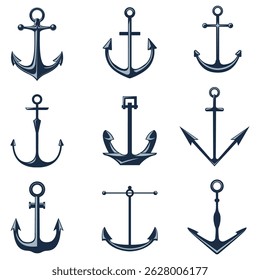 Nautical anchor silhouette vector style set of achors on  a white background